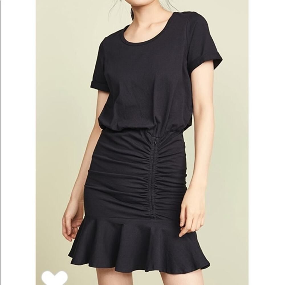Veronica Beard Pima Ruched Dress with Flounce Short Sleeve Crew High Twist